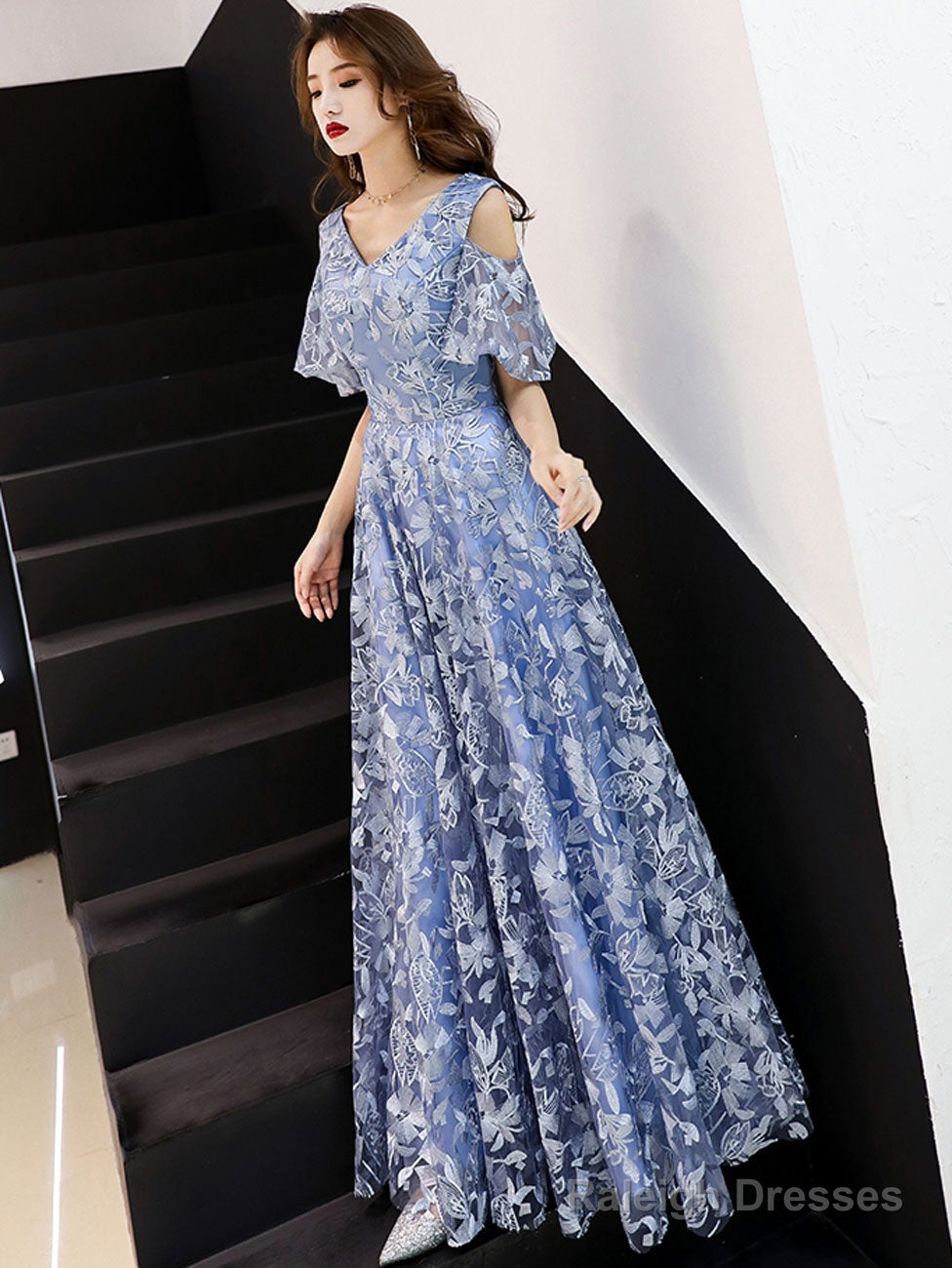 Blue Lace Long Prom Dresses, Blue Formal Party Dress Main image