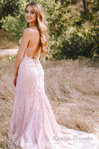 Blue Lace Mermaid Backless Prom Formal Dress
