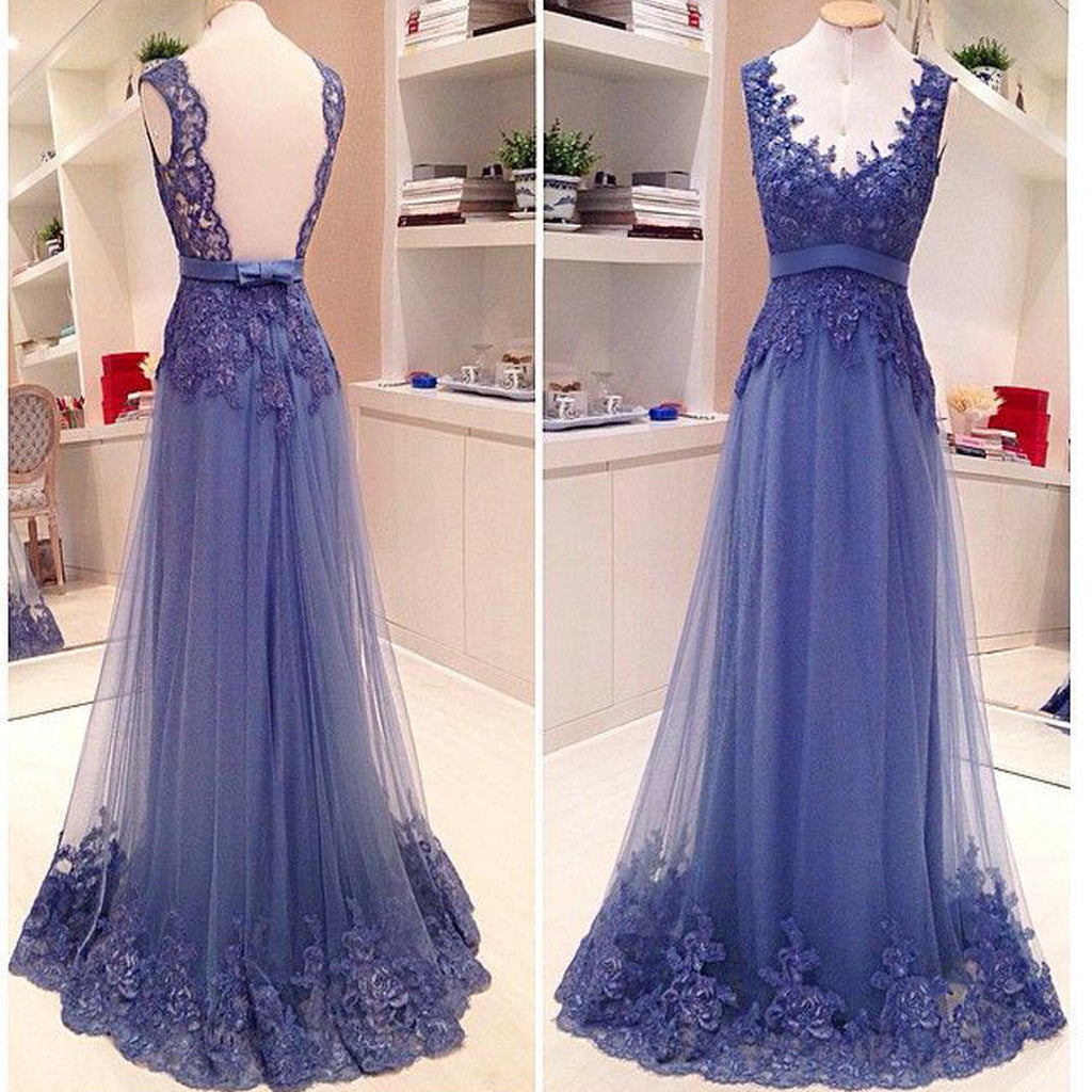 Blue Lace Open Back A-line Elegant Vintage Formal Prom Gown Formal Prom Dress Secondary image
