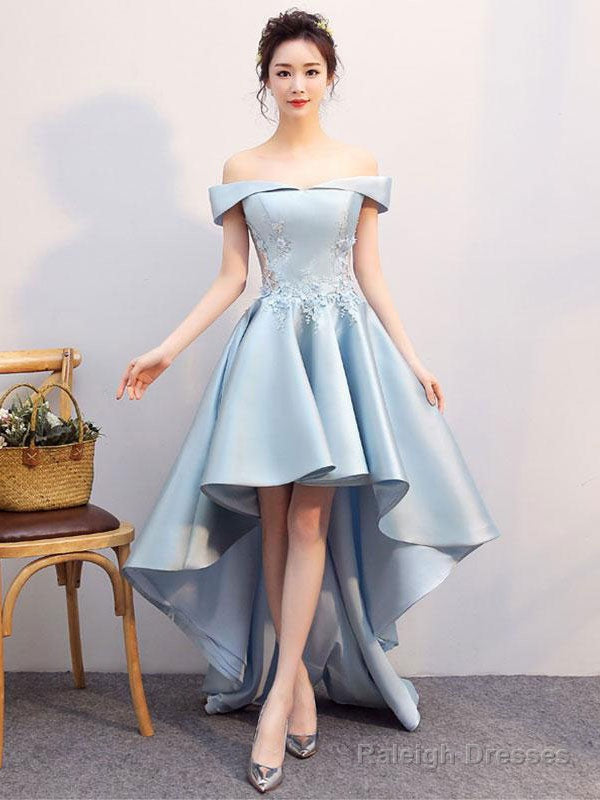 Blue Lace Satin High Low Prom Dresses Blue Homecoming Dresses