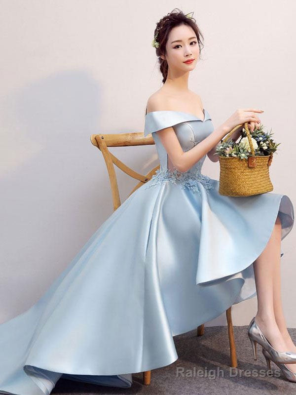 Blue Lace Satin High Low Prom Dress, Blue Homecoming Dress Main image