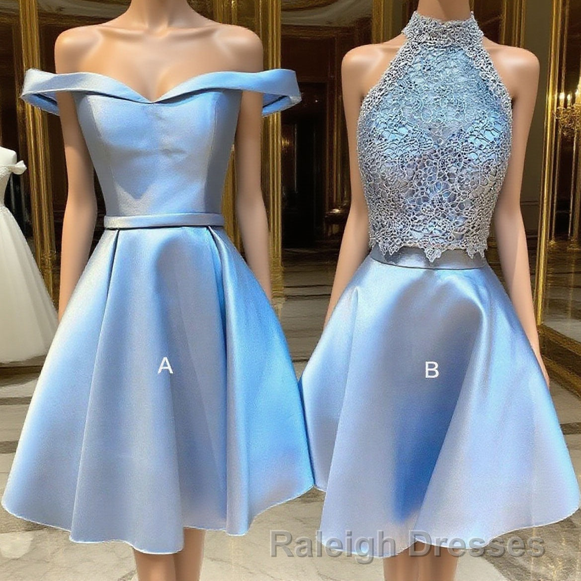 Blue lace satin short cocktail dress, blue homecoming dress Main image