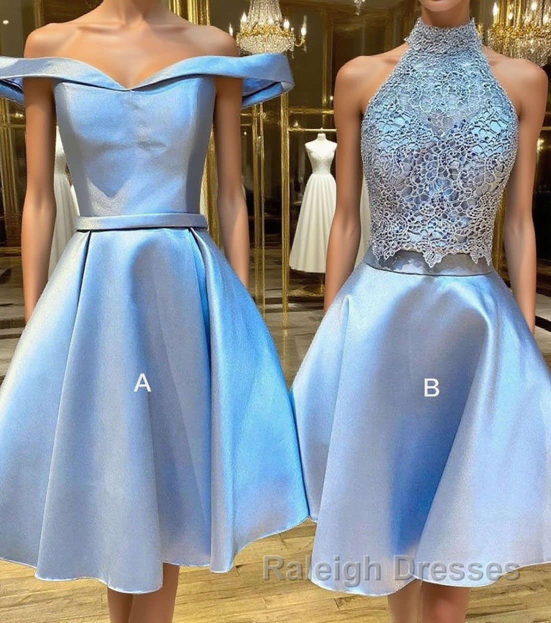 Blue lace satin short prom dress, blue homecoming dress Main image