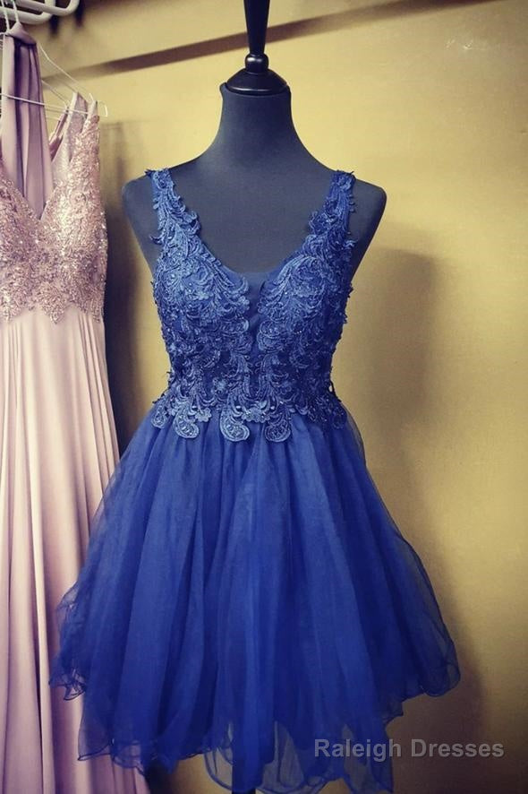 Blue Lace Short A-Line Prom Dresses Homecoming Dresses Main image