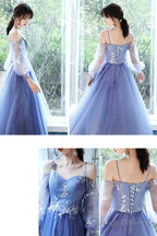 Blue Lace Short A-Line Prom Dresses Blue Spaghetti Strap Prom Dresses