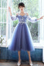 Blue Lace Short A-Line Prom Dresses Blue Spaghetti Strap Prom Dresses