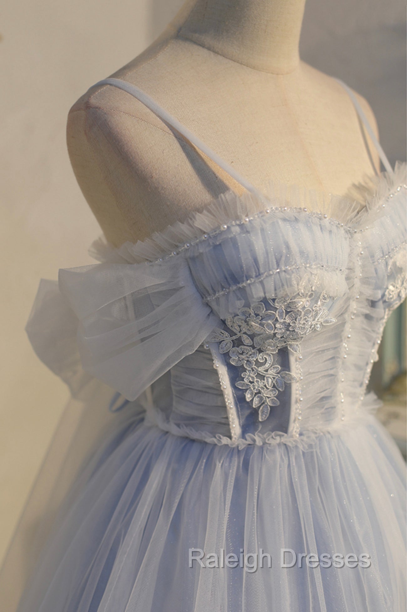 Blue Lace Short A Line Prom Dress, Blue Spaghetti Straps Homecoming Prom Dress Secondary image