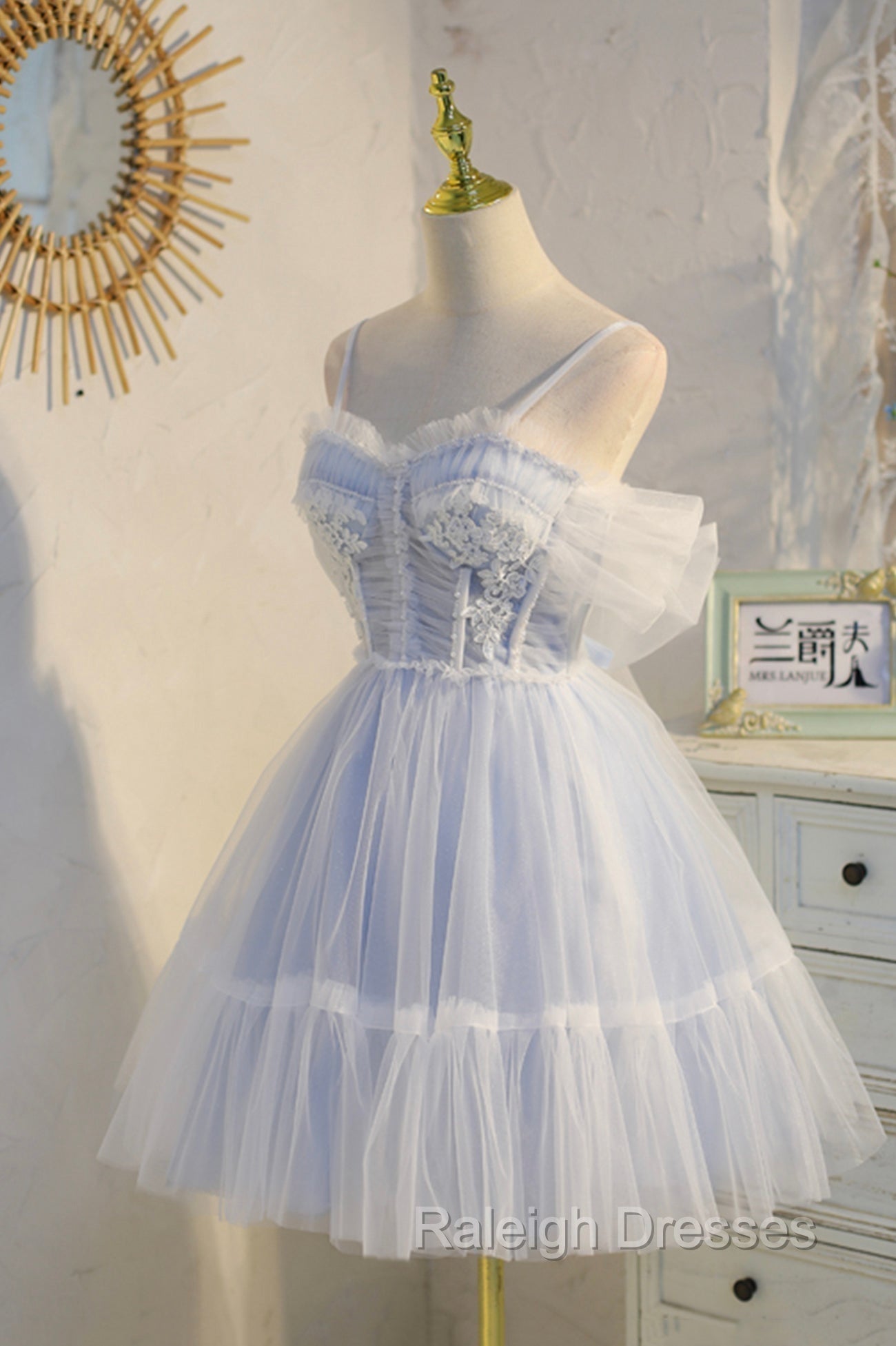 Blue Lace Short A Line Prom Dress, Blue Spaghetti Straps Homecoming Prom Dress