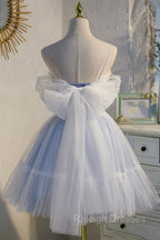 Blue Lace Short A Line Prom Dress, Blue Spaghetti Straps Homecoming Prom Dress