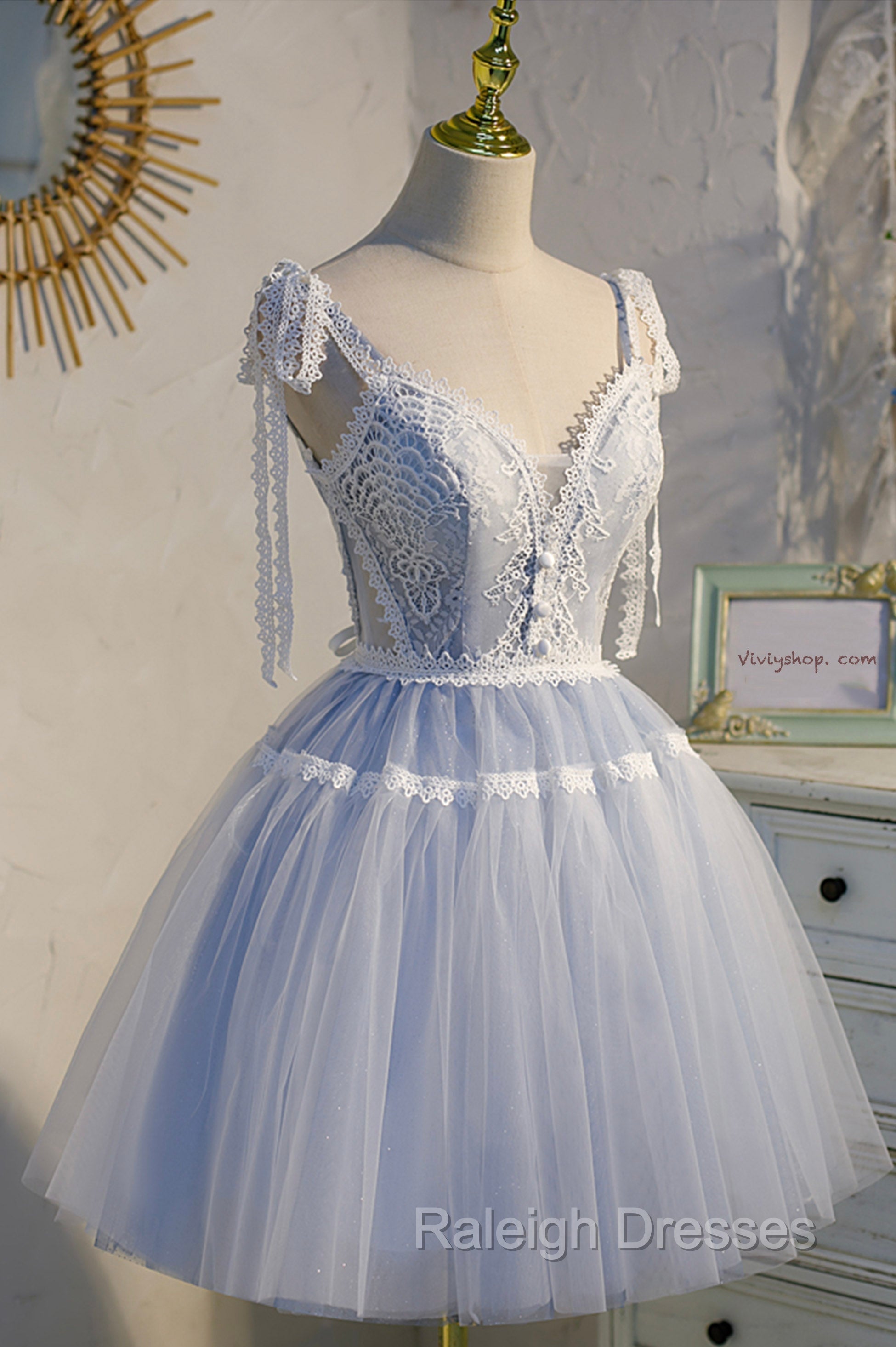 Blue Lace Short A Line Prom Dress, Cute V Neck Homecoming Prom Dress Secondary image