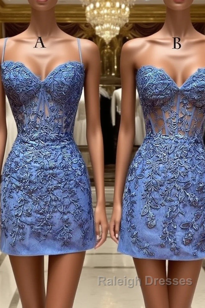 Blue Lace Short Prom Dress, Blue Homecoming Dress Main image