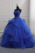 Blue Lace Strapless Ball Gown Formal Dress, Blue Long Sweet 16 Dress