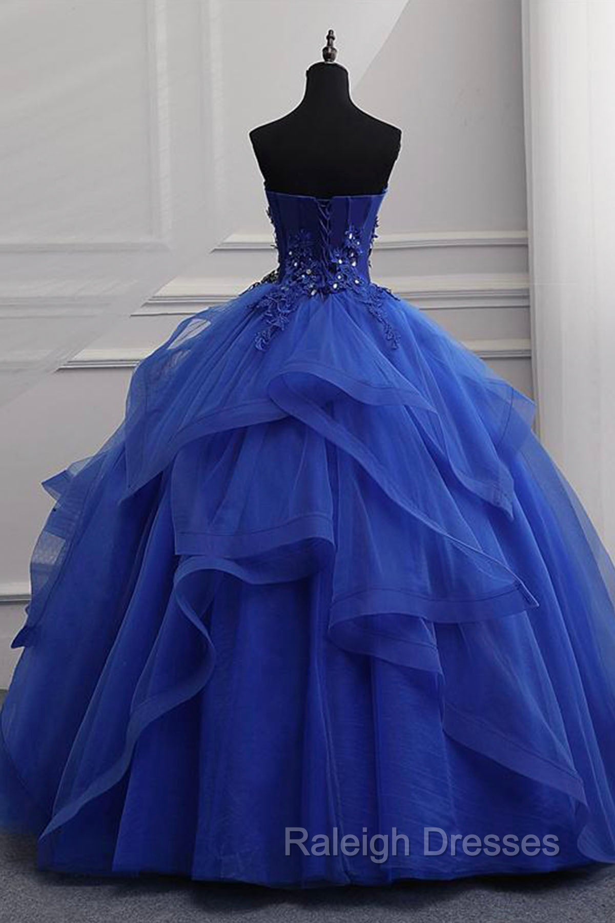 Blue Lace Strapless Ball Gown Formal Dress, Blue Long Sweet 16 Dress