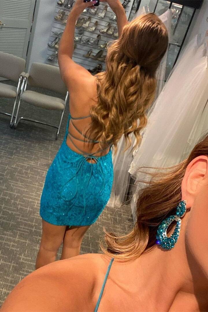 Blue Lace Tight Homecoming Dresses With Lace-Up Back