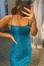 Blue Lace Tight Homecoming Dresses With Lace-Up Back