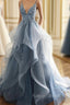 Blue Lace Top with Layers Tulle Prom Dress, New Straps Evening Gown