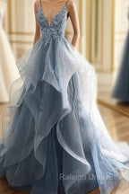 Blue Lace Top with Layers Tulle Prom Dress, New Straps Prom Gowns