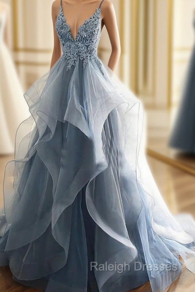 Blue Lace Top with Layers Tulle Prom Dress, New Straps Prom Gowns