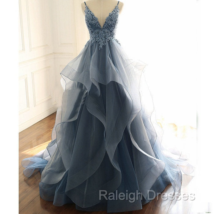 Blue Lace Top with Layers Tulle Prom Dress, New Straps Evening Gown