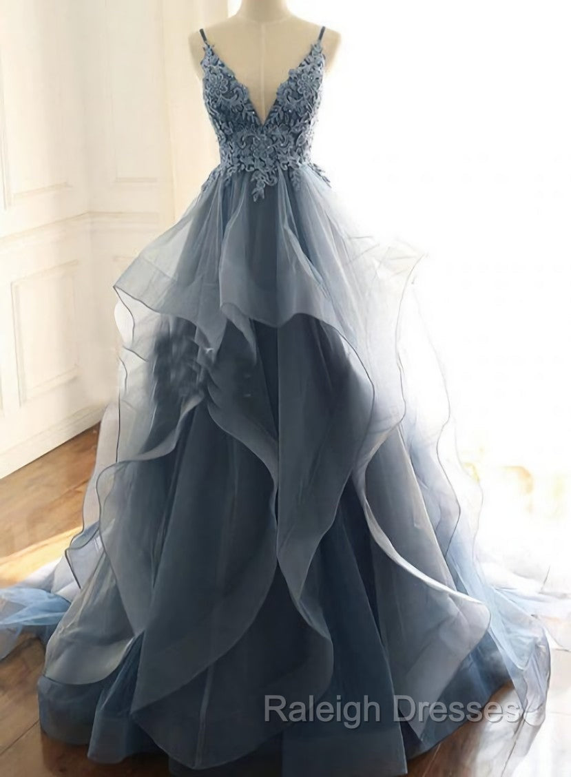 Blue Lace Top with Layers Tulle Prom Dress, New Straps Evening Gown Main image