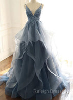 Blue Lace Top with Layers Tulle Prom Dress, New Straps Evening Gown