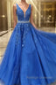 Blue lace tulle long prom dress, blue tulle lace evening dress