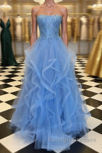 Blue Lace Tulle Long Prom Dresses, Blue Lace Ball Gown, Blue Lace Formal Dresses, Evening Dresses