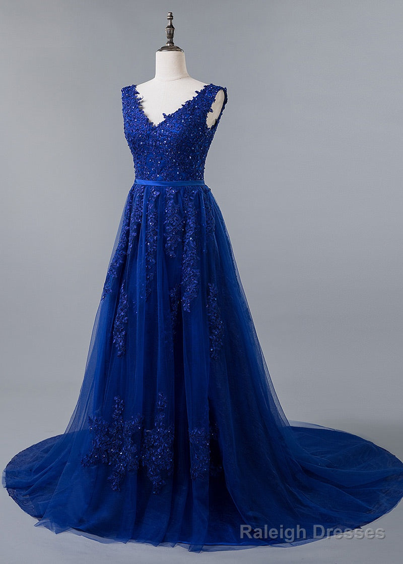 Blue Lace V-Neck A-Line Prom Dress With Beaded Lace Appliques & Belt