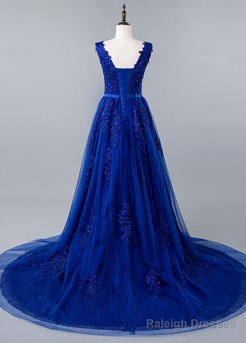 Blue Lace V-Neck A-Line Prom Dress With Beaded Lace Appliques & Belt