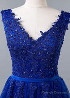 Blue Lace V-Neck A-Line Prom Dresses With Beaded Lace Appliques & Belt