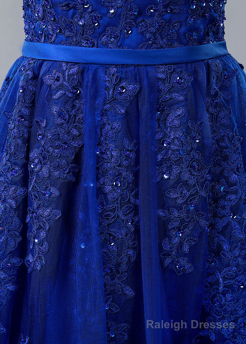 Blue Lace V-Neck A-Line Prom Dress With Beaded Lace Appliques & Belt