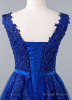 Blue Lace V-Neck A-Line Prom Dresses With Beaded Lace Appliques & Belt