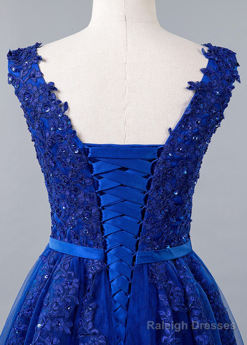Blue Lace V-Neck A-Line Prom Dresses With Beaded Lace Appliques & Belt