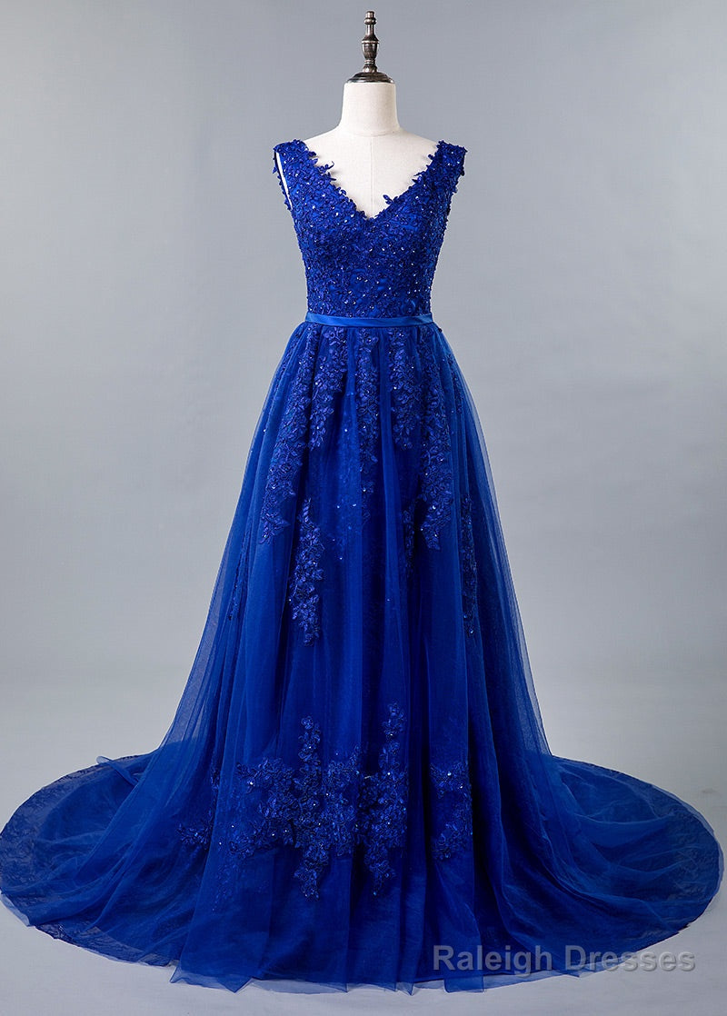 Blue Lace V-Neck A-Line Prom Dress With Beaded Lace Appliques & Belt Main image
