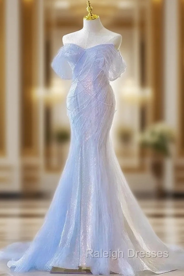 Blue Laser Sequin Beaded Mermaid Women Evening Dress with Puff Sleeves Tassel Pearls Tulle Train Prom Gown Main image