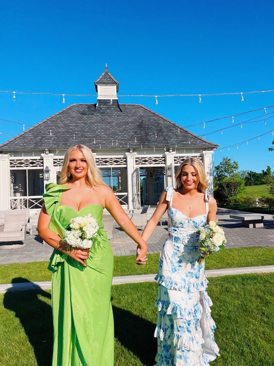 Blue Elegant A-Line Layered Chiffon Floral Backless Long Ball Gown Evening Dress Prom Dress Graduation Dress