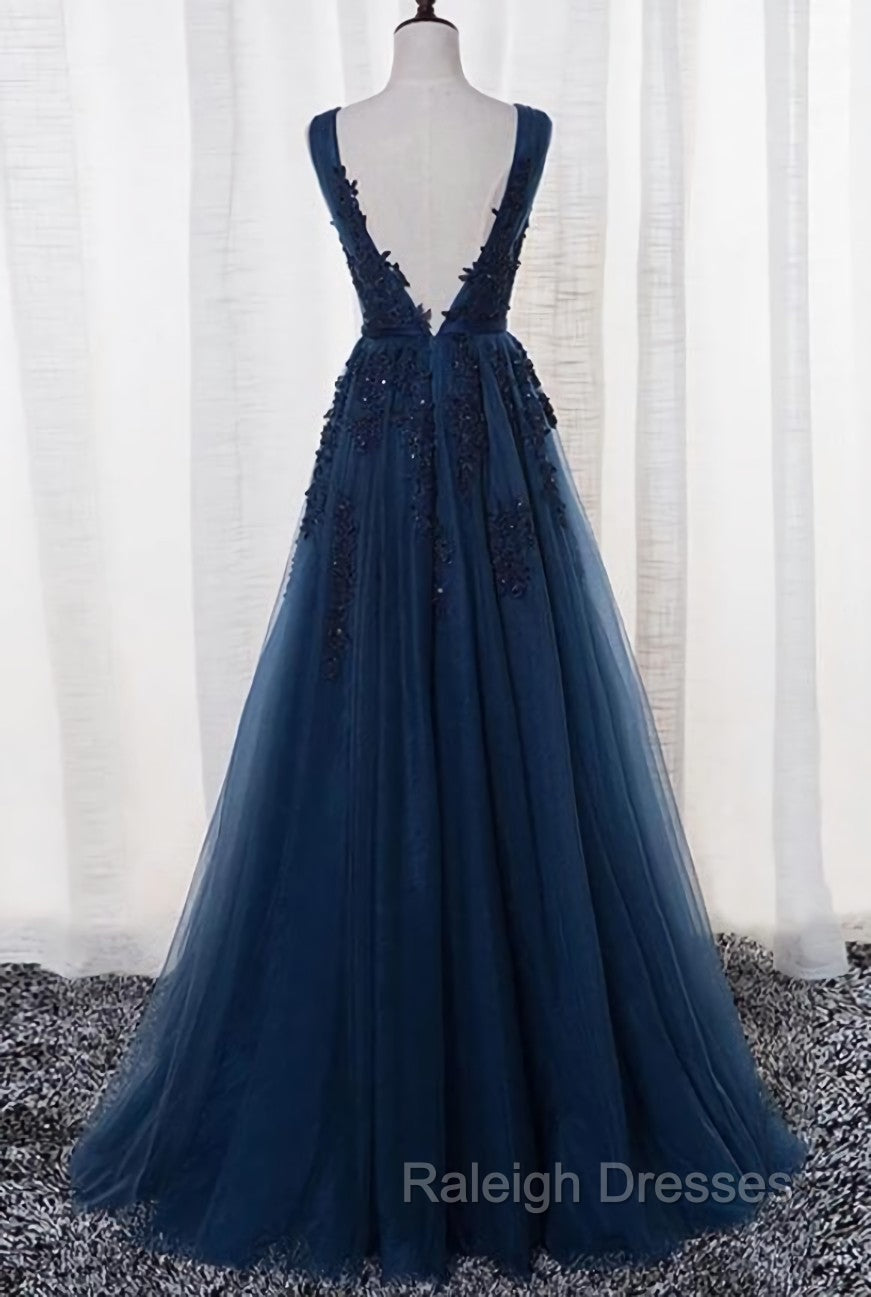 Blue Long A-line Bridesmaid Dress, Dark Blue Tulle Party Dress Secondary image
