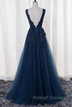 Blue Long A-line Bridesmaid Dress, Dark Blue Tulle Party Dress