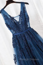 Blue Long A Line Bridesmaid Dress, Dark Blue Tulle Prom Dress