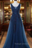 Blue Long A-line Bridesmaid Dress, Dark Blue Tulle Party Dress