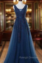 Blue Long A Line Bridesmaid Dress, Dark Blue Tulle Prom Dress