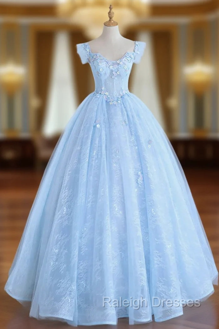 Blue Long Lace Floral Prom Dresses, Long Blue Lace Formal Evening Dresses with Flowers Main image