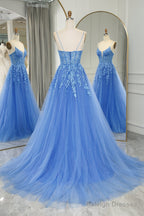 Blue Long Prom Dress Cheap A-Line Formal Dress Tulle With Appliques