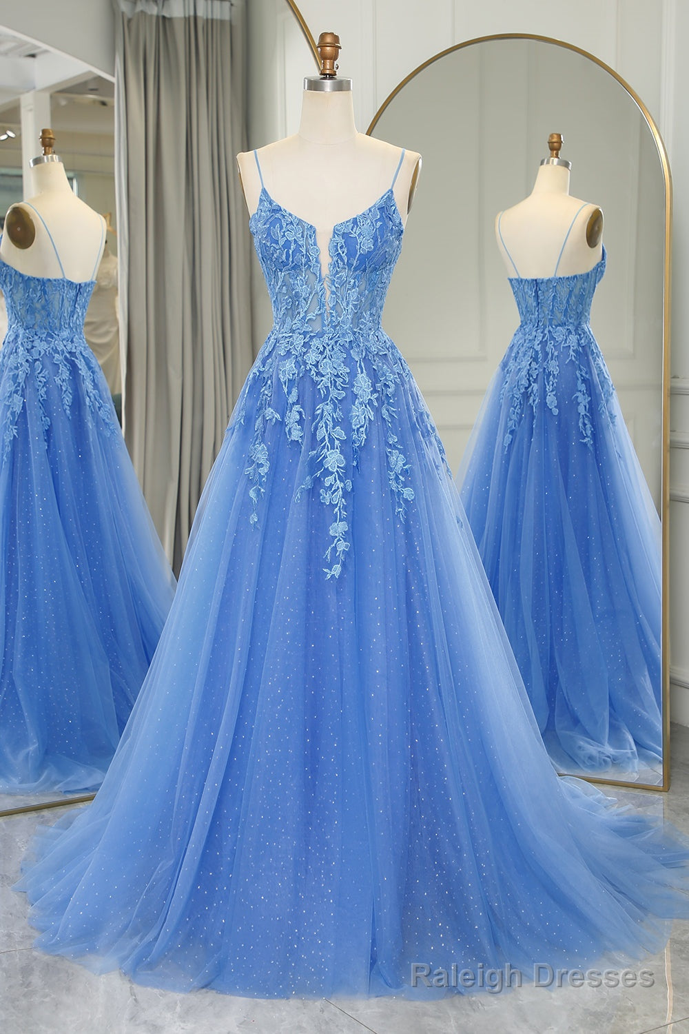 Blue Long Prom Dress Cheap A-Line Formal Dress Tulle With Appliques Main image