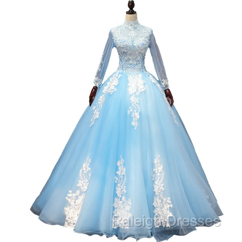 Blue Long Sleeves lace Tulle Sweet 16 Dress, Light Blue Ball Gown Formal Dress, Party Dress Secondary image