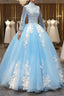 Blue Long Sleeves lace Tulle Sweet 16 Dress, Light Blue Ball Gowns Formal Dress, Prom Dress