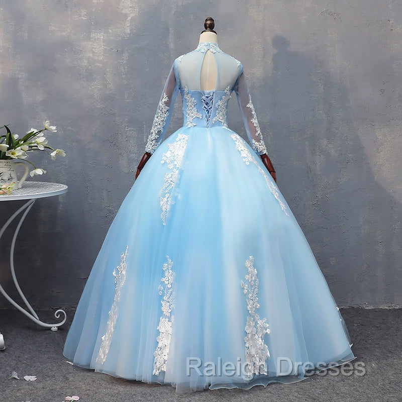 Blue Long Sleeves lace Tulle Sweet 16 Dress, Light Blue Ball Gown Formal Dress, Party Dress