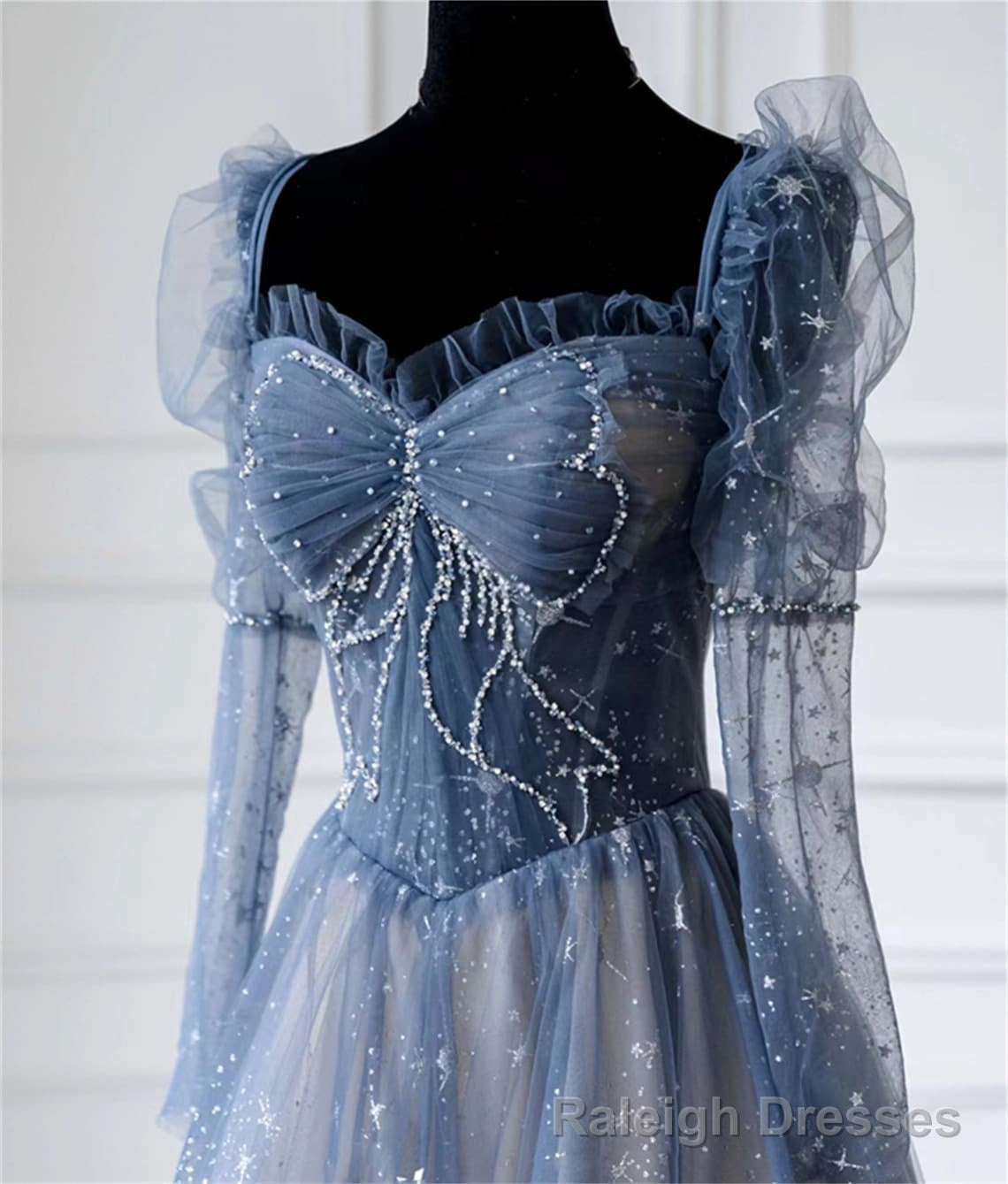 Blue Long Sleeves Sweetheart Beaded Tulle Formal Dress, Blue A Line Prom Dress