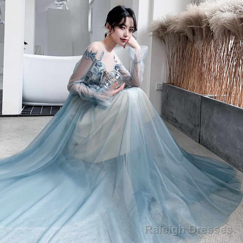 Blue Long Sleeves Tulle Party Dress With Lace Applique, Blue Evening Dress Prom Dresses