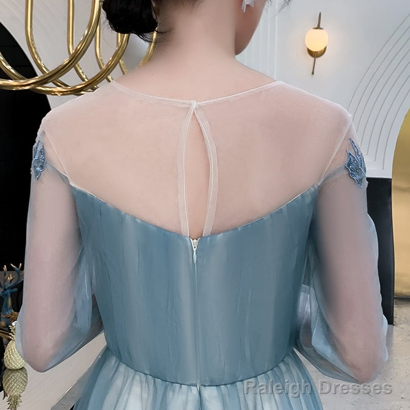 Blue Long Sleeves Tulle Prom Dresses With Lace Applique Blue Prom Dresses
